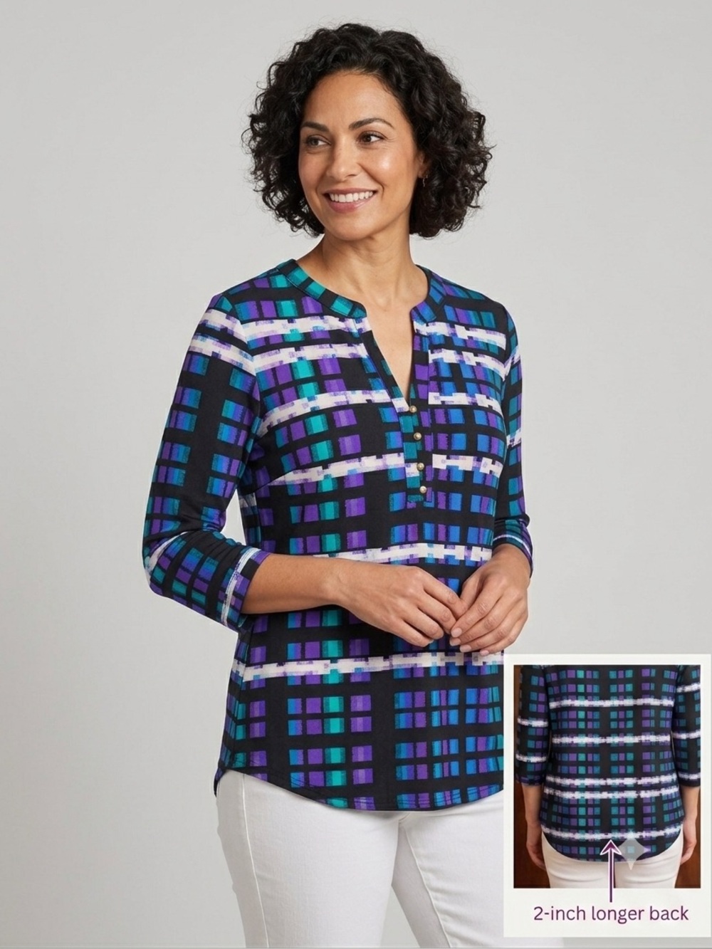 Dana Buchman EUC Black Plaid
Tunic with Blue, Purple & Teal Accents
Hi lo Xlg